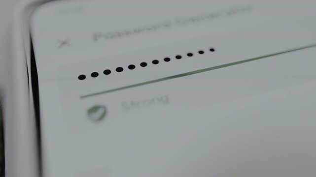 Password strength indicator as Strong, Generating a new password hidden by black dots for security, cybersecurity concept