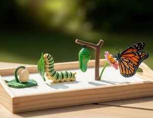 Miniature models illustrate the four stages of insect metamorphosis arranged on a wooden tray outdoors