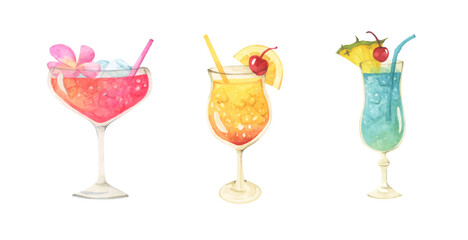 Watercolor summer drink cocktail set, tropical beverage glass with fruit juice, ice cubes, beach vibes coastal bar atmosphere, celebration party cheers mood.