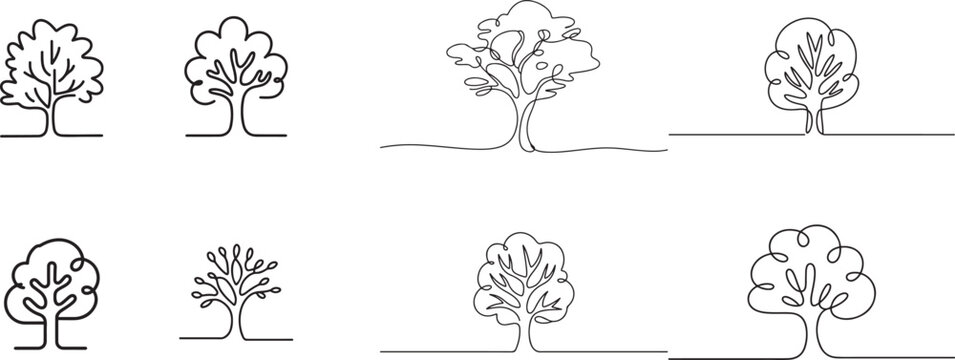 Set of Tree plant doodle outline vector forest environment.one line icon illustration with white background