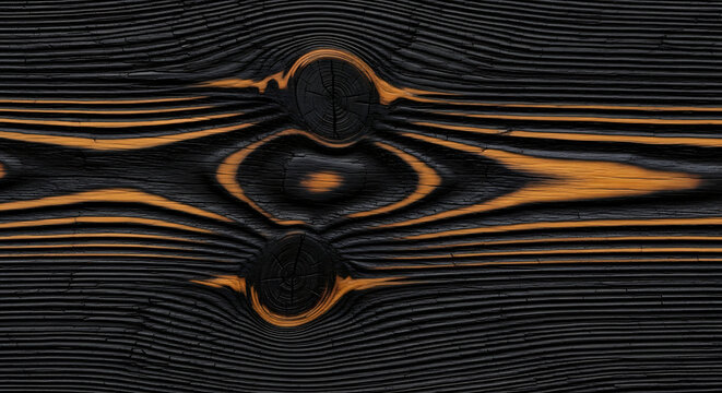 Charred Japanese Yakisugi Cedar Board with Wire-Brushed Earlywood and Glossy Latewood Striations on Solid Charcoal Black Background
