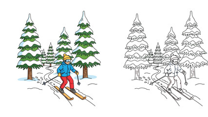 Cartoon skier skiing downhill in winter forest, colored illustration and black and white outline for coloring book page, vector line art, winter sports activity for children education.
