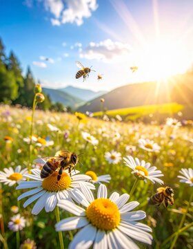 Bees pollinating daisy flowers in sunny mountain meadow vibrant spring nature natural harmony pollination process.
