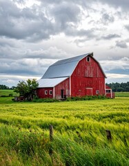 Obraz premium Rural Charm A Vintage Red Barn Amidst a Golden Field Under a Dramatic Sky Perfect for Americana Nostalgia.