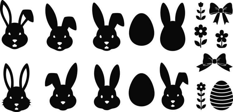 Black silhouette icons of various bunny heads different ear styles facing front with decorated eggs flowers and bows in flat design isolated on white background