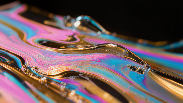 Iridescent liquid flow with spectral light refraction for luxury skincare brand advertising
