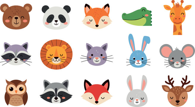Cute animal face icons illustration set with bear, panda, fox, lion, rabbit, mouse, owl, giraffe, and other friendly wildlife characters for kids designs