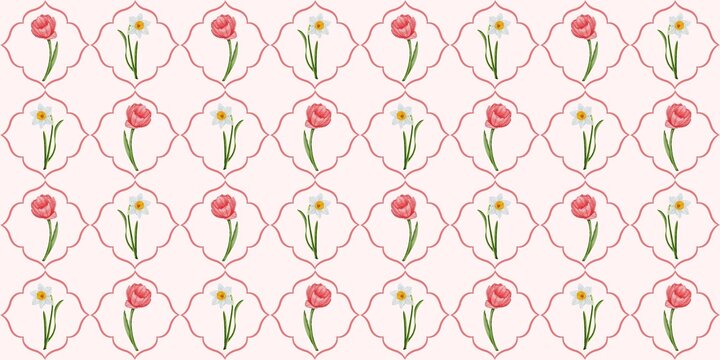 Spring Floral Seamless Pattern with Hand Painted Tulips and Daffodils. Watercolor pattern with flowers arranged in decorative geometric frame lattice, hand painted botanical spring floral background.