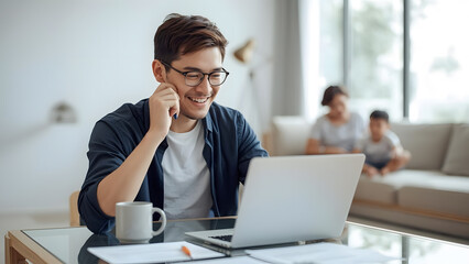 an Asian man looking at a silver laptop