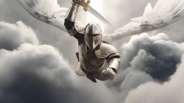 Archangel Michael Flying in the Sky with Sword and Armor, Ready to Battle