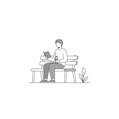 Fototapeta premium A person enjoying a moment of relaxation on a park bench, reading a book and holding a drink