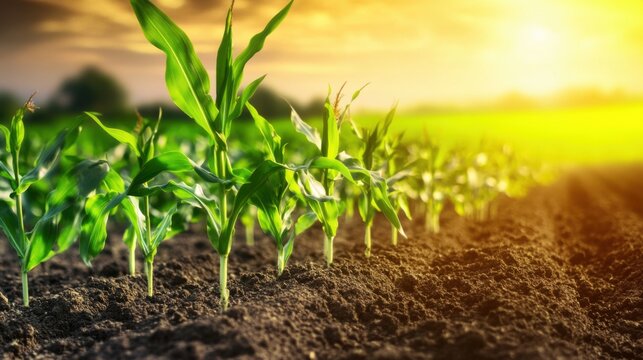 Fresh young green corn seedlings vibrantly emerging from the rich soil of a sprawling farm field, beautifully illuminated by the warm golden sunlight at sunrise.