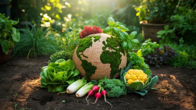 A globe covered in moss and plants surrounded by fresh vegetables in a sunlit garden, symbolizing sustainable agriculture and environmental care.