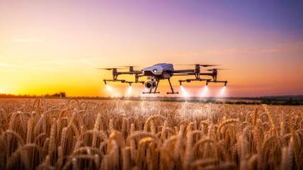 Fototapeta premium A drone sprays crops over a wheat field during sunset, highlighting modern agricultural technology and precision farming.