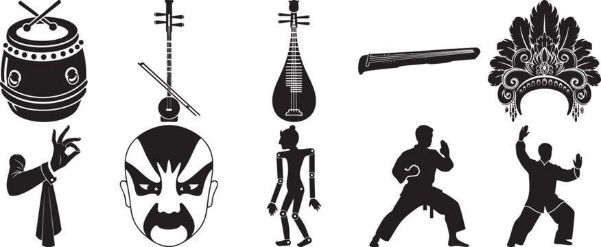 Collection of Chinese cultural icons: drum, opera mask, Peking opera headdress, martial arts