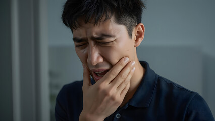a young Asian man coughing intensely and clutching his throat with one hand