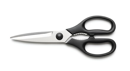 Sharp Kitchen Scissors with Black Handles on White Background.