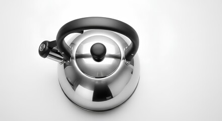 Shiny Stainless Steel Kettle with Black Handle on White Background.