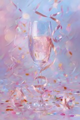 Blue champagne glass with ribbons and confetti on a pink abstract background for romantic invitations