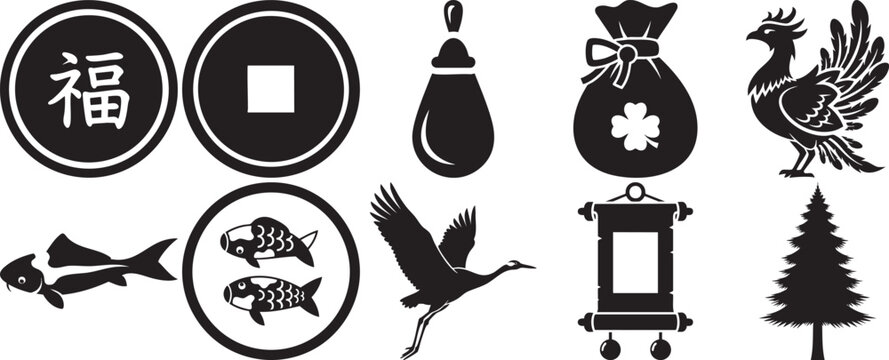 Chinese cultural symbols: fortune character, coins, phoenix, crane, fish, scroll, pine tree
