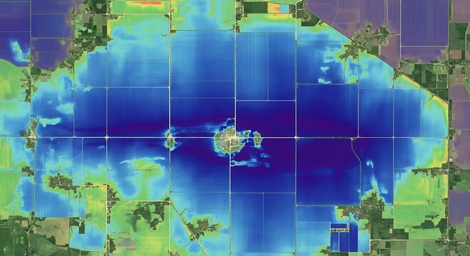 Bathymetric map of a vast water body, showing depth variations with blue gradients and a grid, for geographical and environmental data analysis
