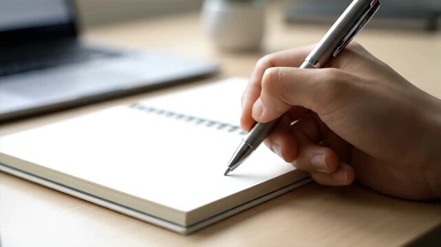 Close-up of a person's hand holding a pen and writing in a notebook with a laptop in the background