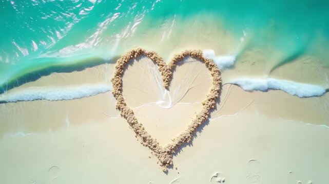 Aerial view heart shape drawn sand, turquoise sea waves background romantic beautiful, summer love vacation concept cheerful, beach sand art creative natural