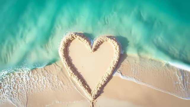 Aerial view heart shape drawn sand, turquoise sea waves background romantic beautiful, summer love vacation concept cheerful, beach sand art creative natural