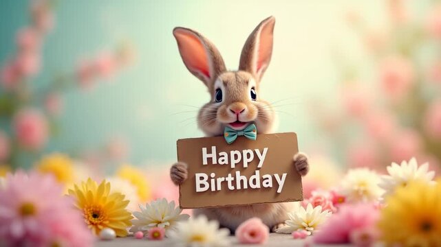 Adorable bunny wearing pink bow tie holding happy birthday sign with paws, concept of birthday, easter, celebration
