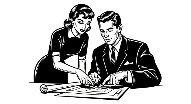 Elegant 1950s American business couple planning success, teamwork and partnership concept, mid-century glamour style, black and white bold engraving, thick clean strokes, high contrast