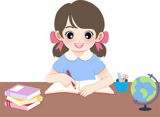 A young girl writing in a notebook at a desk with books and a globe nearby