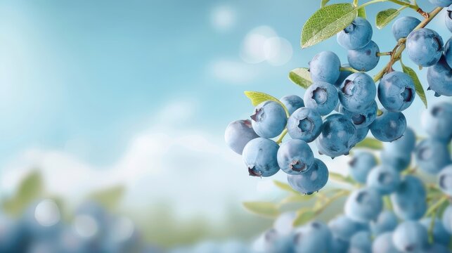 Blueberry bush with ripe fruits hanging from branches under a clear blue sky, showcasing a bountiful harvest.
