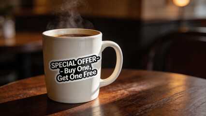 Fototapeta premium Coffee mug with special offer text on wooden table in cafe 