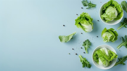 Obraz premium Artistic composition featuring lettuce arranged in a geometric pattern on a minimalistic background.