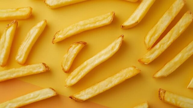 Golden, crispy french fries arranged on a vibrant yellow and orange background, top view.
