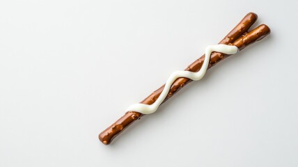 Single pretzel rod with chocolate handle and white chocolate bristles on white background.