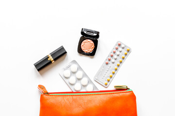 concept of female contraception and healthcare on white background