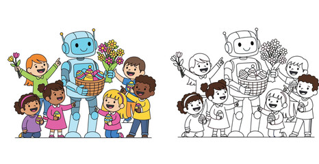 Fototapeta premium Cute robot holding Easter egg basket and flowers with happy diverse children celebrating holiday, colorful and black and white outline coloring page vector illustration.