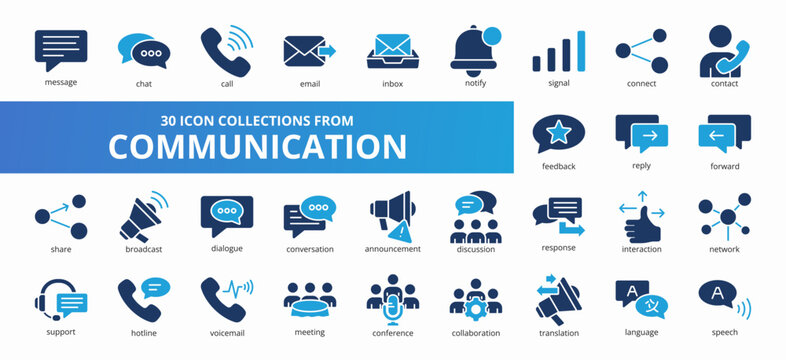 Set of 30 collection of communication icons suitable for web and mobile application. Set of glyph blue style icons with message, chat, call, email, inbox, and more icons.