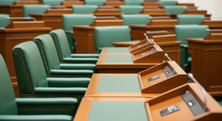 Obraz premium Rows of empty green leather chairs with wooden desks and microphones in a formal chamber, suggesting a political or judicial setting.