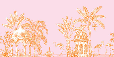 Jungle island toile seamless border. Tropical palm tree, banana, pavilion, plant, flamingo mural. © good_mood