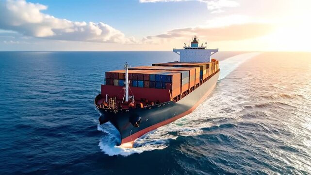 Large cargo ship sailing across the ocean, transporting goods under a beautiful sunset.