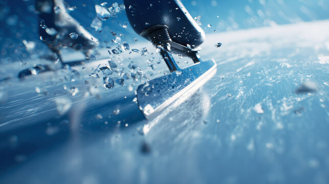 Low angle close up of speed skating blades on ice for winter sports and competition concepts