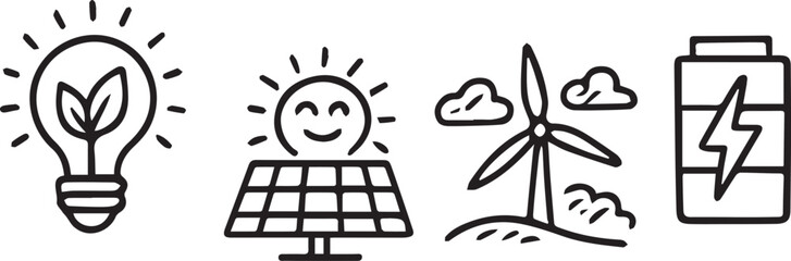 Clean Energy Icons Set – Eco Bulb, Solar Panel, Wind Turbine, Battery Storage. © Canvas Cuts