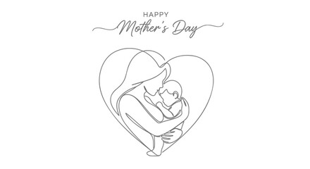 Fototapeta premium Mother's Day greeting card with line drawing of mother and baby in heart shape isolated on transparent background