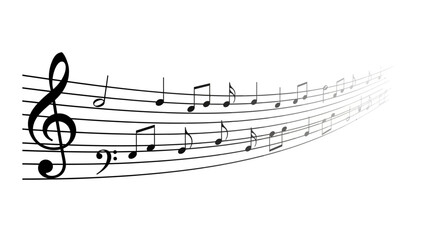 Musical notes flowing from treble clef on staff lines, illustrating melody and harmony in a dynamic, wavelike motion