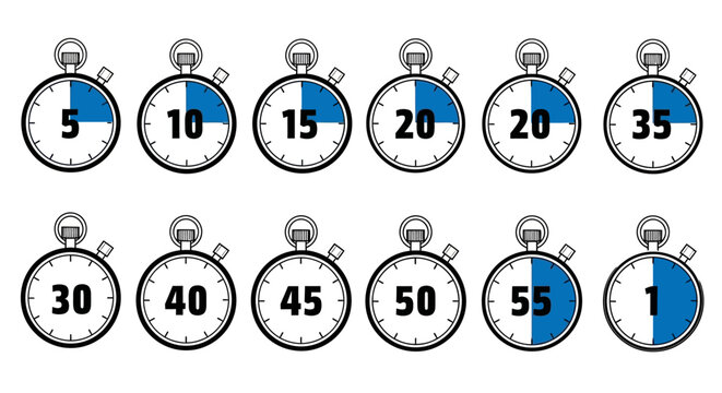 Stopwatches displaying various times from 5 to 55 seconds in incremental order