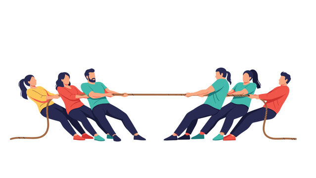 Two teams of strong people competing in a tug of war game by pulling a thick rope in opposite directions to win a strength challenge.