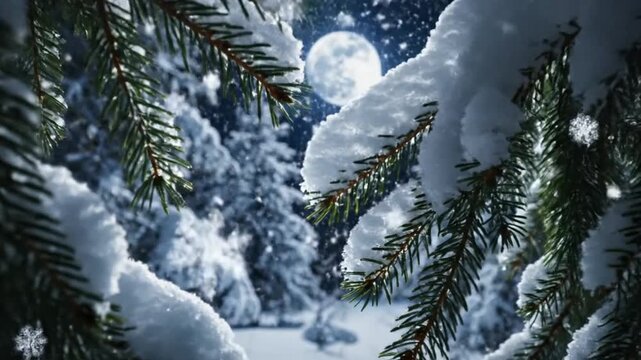 Snow-covered pine branches framing a serene winter forest under a full moon with falling snowflakes