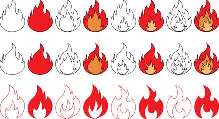 Vector illustration set of fire flames icons with hot burning flame symbols in red and yellow design